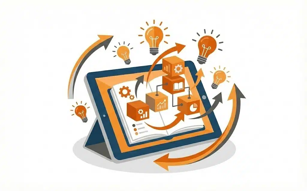 Ilustración vectorial de diario del aprendiz con notas y progreso digital.