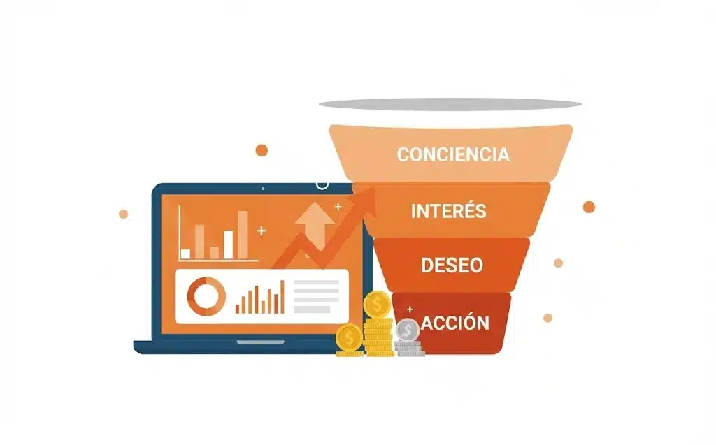 Funnel AIDA de marketing de digital con laptop y dashboard digital