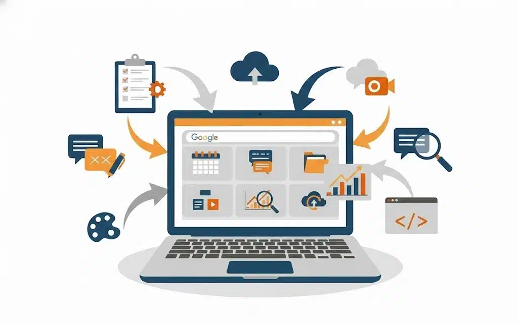 Ilustración vectorial de herramientas digitales con engranes e integraciones, fondo blanco.