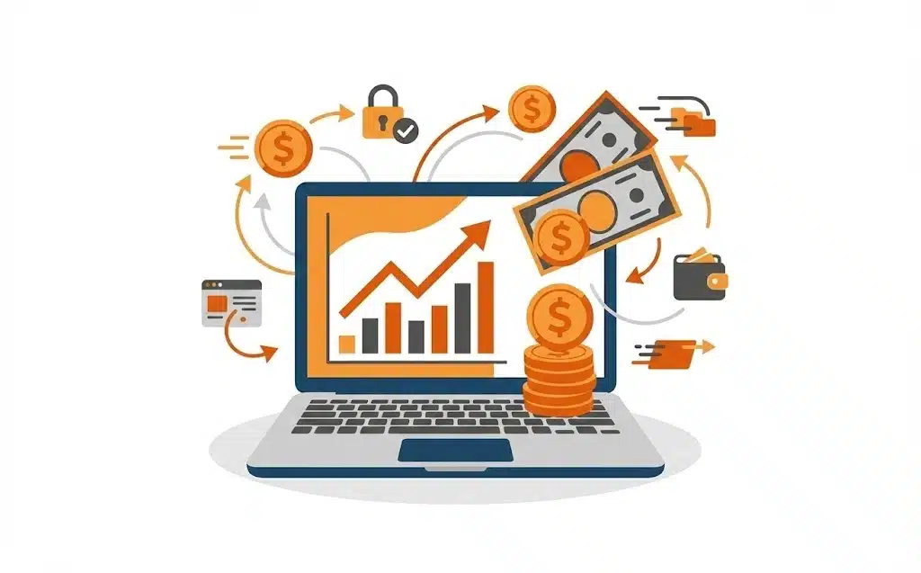 Ilustración vectorial de monetización digital con gráficos y monedas, colores naranja.
