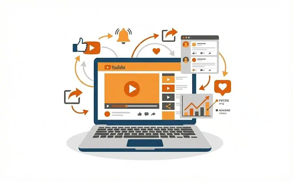 Ilustración vectorial de redes sociales y youtube con iconos de likes y me gusta